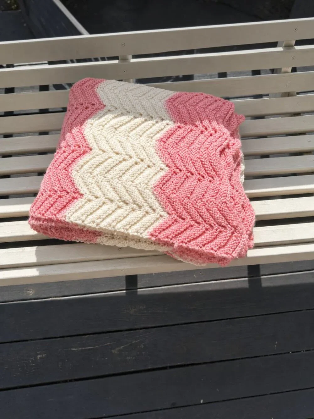 Handmade Crochet Pink Ivory Chevron Throw Blanket Afghan Soft Ripple 56x70